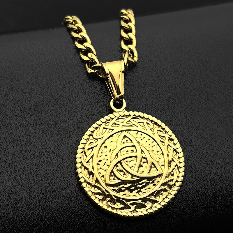 Vintage Viking Witch Knot Pendant Necklace for Women Men Stainless Steel Gold Color Irish Celtic Trinity Knots Chain Jewelry