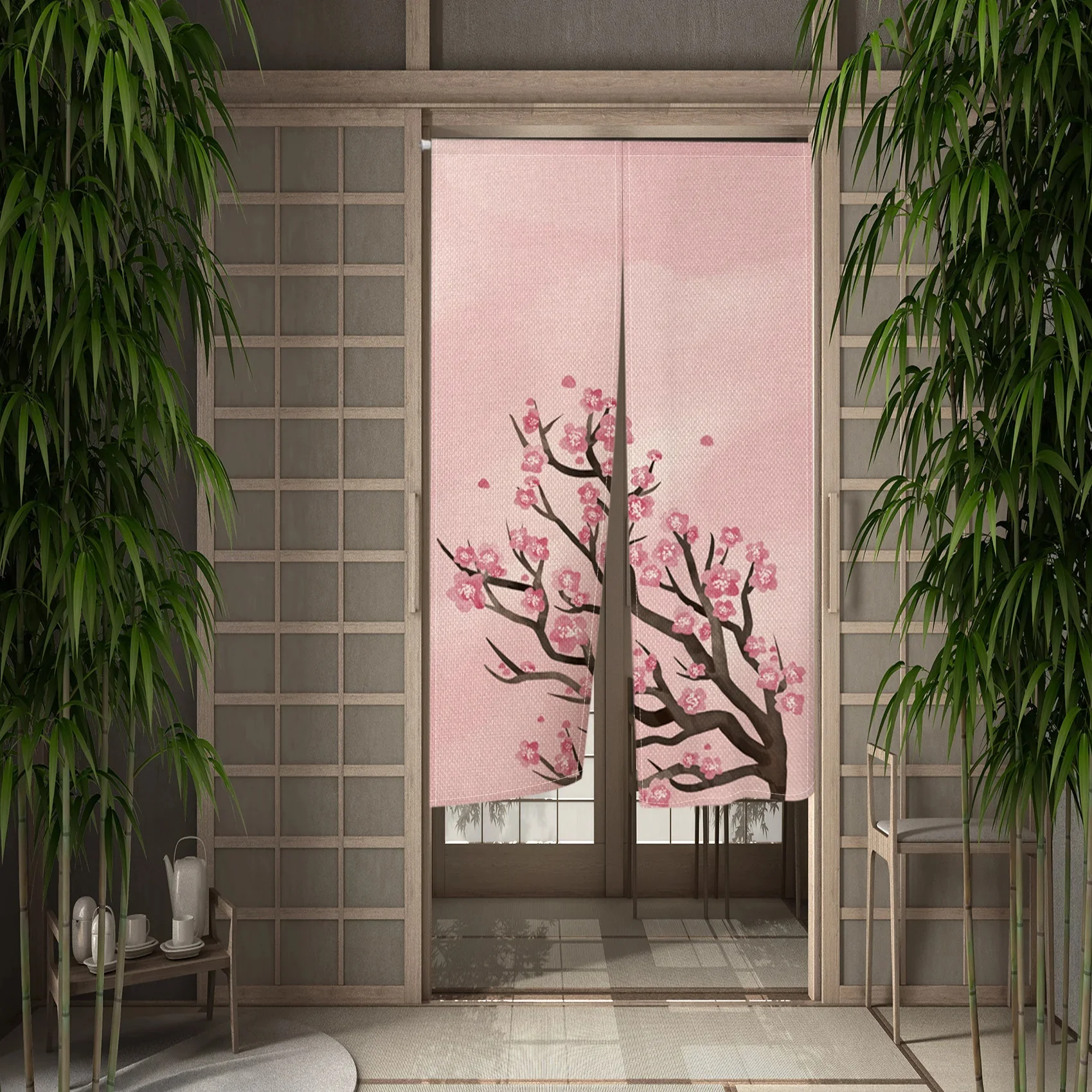 Japanese Door Torii Cherry Blossoms Printed Partition Kitchen Doorway Decorative Drapes Cafe Restaurant Decor Noren Half-Curtain