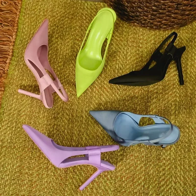 Spitze Zehen-Slipper für Damen, Slingback-Sandalen, dünne Schuhe mit hohen Absätzen, elegante Damen-Pumps, Schuhe, Kleid-Sandalen, Übergröße 43