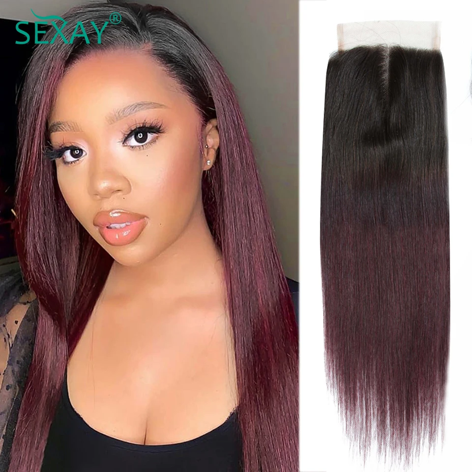 

1B 99J Burgundy Lace Closure With Baby Hair 100% Brazilian Ombre 2 Tone Human Hair 10-22 Inch 4x4 Size Transparent Lace Closures