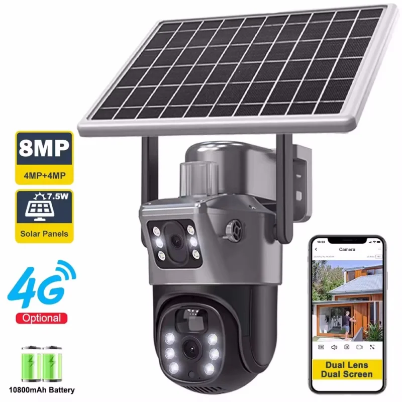 4K 8MP Solar Battery WiFi Camera Dual Lens Dual Screen 4G SIM Outdoor Cam PIR Human Detect Security Protection PTZ Video Cameras