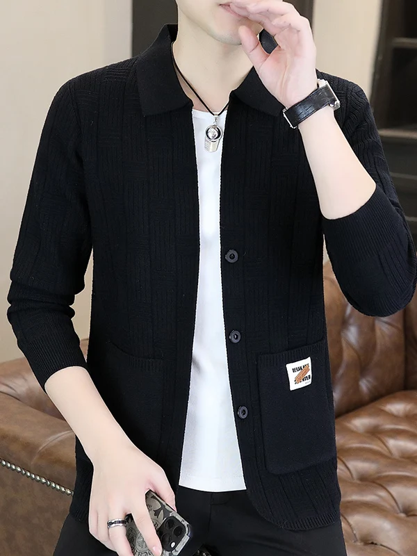 

Мужской вязаный длинный кардиган све с открытым воротником, тонкий однотонный осенний топ с откидным воротником, повседневный топ-стойка из полиэфирного волокна