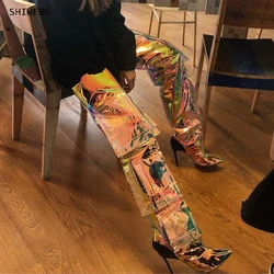 2025 Big Pockets Leather Boots Over The Knee Stone Pattern Long Boots Pointy Toe Zip Women Winter Shoes Thin High Heels Boots