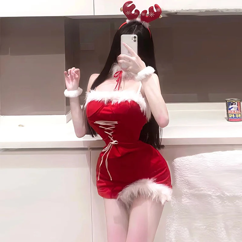 Plus Size Christmas Sexy Outfit Santa Rudolph Hot Red Dresses For Women Xmas Party Performance Photoshooting Lingerie Tempting