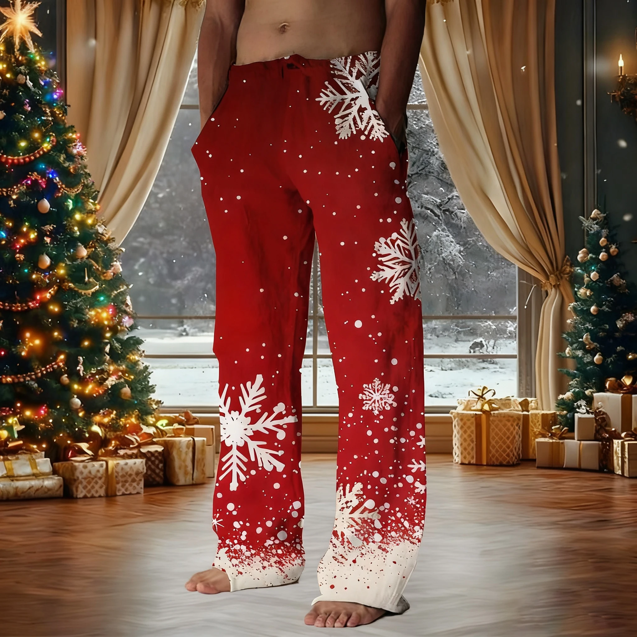 

Christmas Men's Snowflake Print Pants Home Trousers Casual Pants Home Pajama Pants Elastic Waist Casual Trousers Men Clothing
