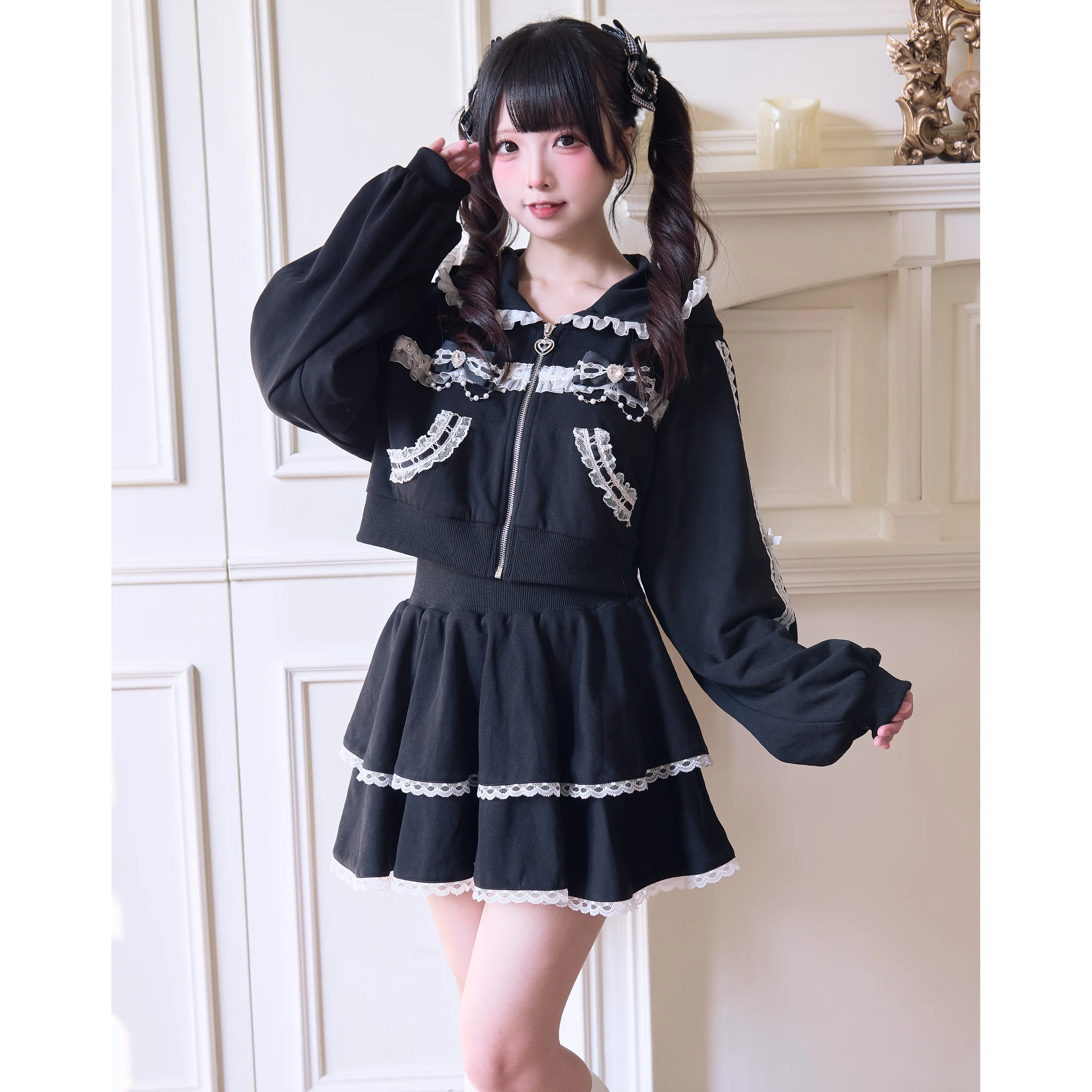 Traje deportivo estilo japonés Lolita, cárdigans cortos con capucha y lazo de diamantes, abrigo, minifalda de encaje, pantalones rectos subcultura, conjunto para mujer