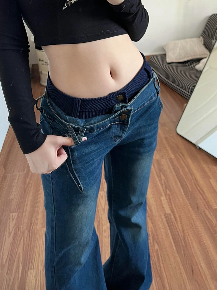 Retro American Spliced Denim Jeans Women's Sexy Washed Micro Flared Pants Slimming Low Waist Standard Fit Pure Color Jeans