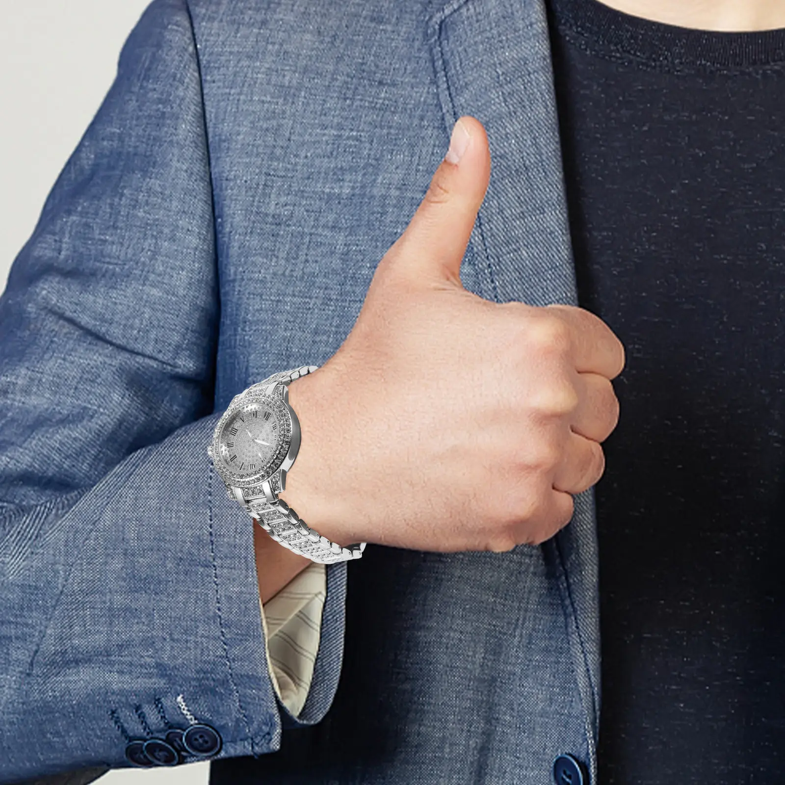

Изысканные мужские наручные часы с бриллиантами и римскими цифрами, стильный металлический ремешок, часы для делового и повседневного стиля, мужские часы