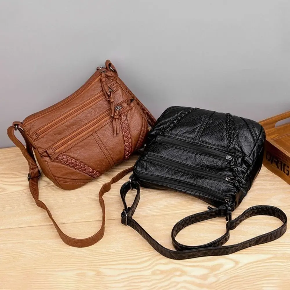 

Soft Leather Women Shoulder Bags Large-capacity Vintage Messenger Bag Multi-Layer Solid Color Female Crossbody Bag for Girls