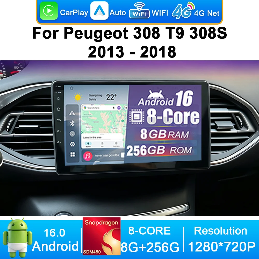 푸조 308 T9 308S 2013-2018용 안드로이드 카 라디오, 스테레오 멀티미디어 플레이어 GPS 2DIN 카플레이 차량용 오디오 시스템 9인치 IPS 스크린