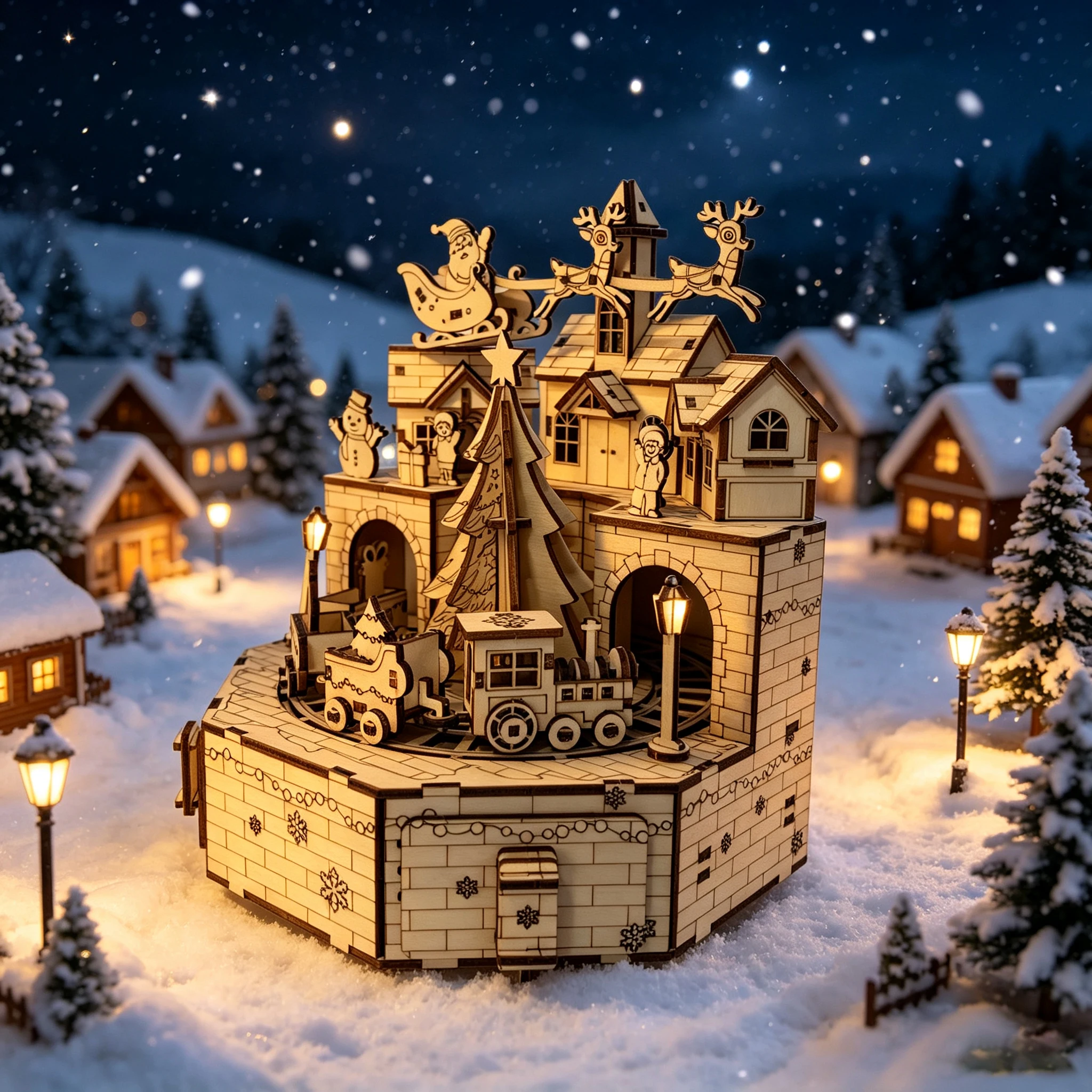 3D Wooden Puzzle Christmas Town Rotating Train Music Box, DIY Assembly Santa Sleigh Model Xmas Decor Gift