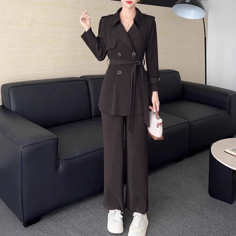 WHTREND Color sólido traje cuello manga larga corbata abrigo + Pantalones rectos de cintura alta conjunto de dos piezas otoño primavera nuevo