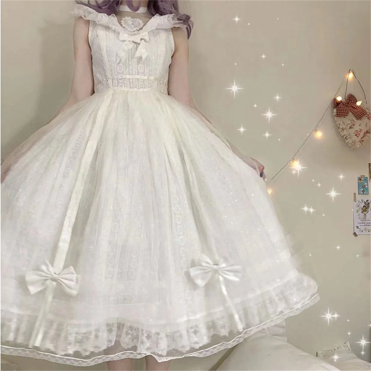 Stile retrò francese Lolita Cosplay elegante Tea Party Girls splendida maglia pizzo ricamo fiori perla amore nastro fiocco vestito