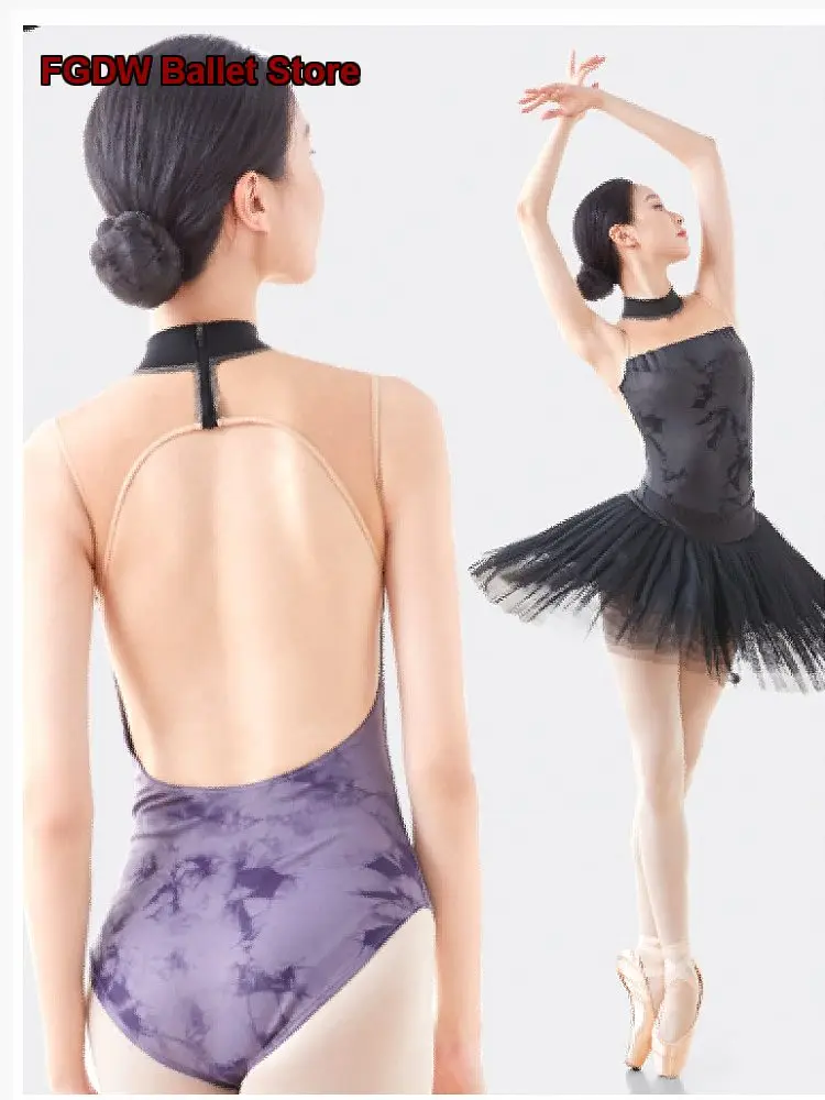 Women's Adult Stand Collar Printed Body Training High Cut Art Exam Gymnastics Basic Training Dance