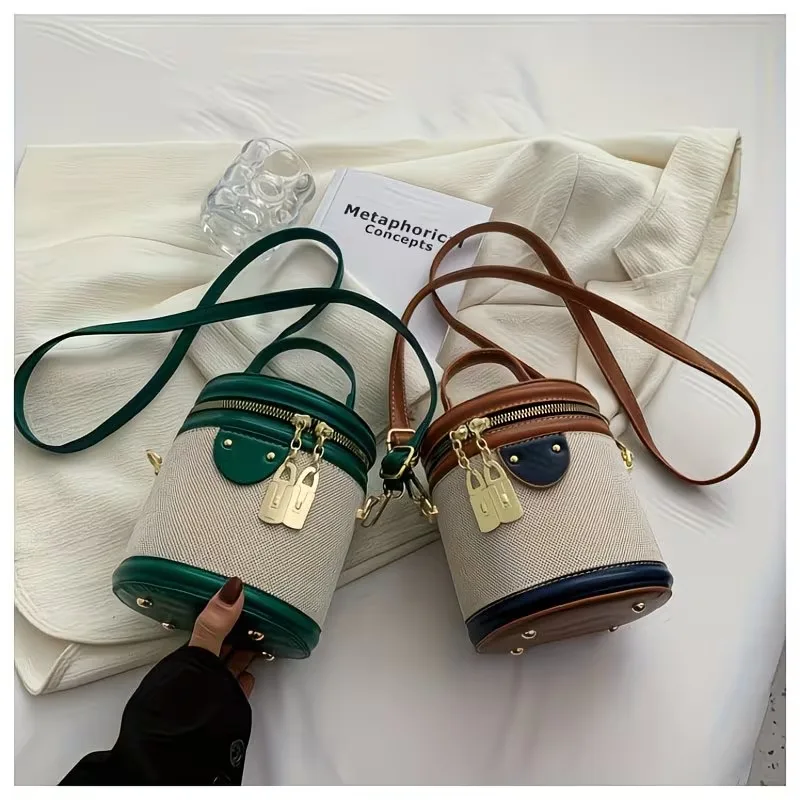 Vintage Simple Color Block Cylindrical Bucket Crossbody Bag, Daily Fashion Women Shoulder Purse