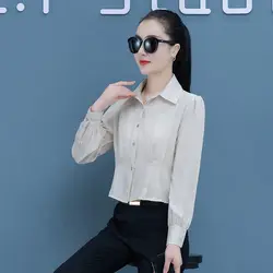 Women Spring Casual Fashion Simplicity Solid Color Polo Collar Long Sleeve Shirts Women Clothes All-match Temperament Slim Tops