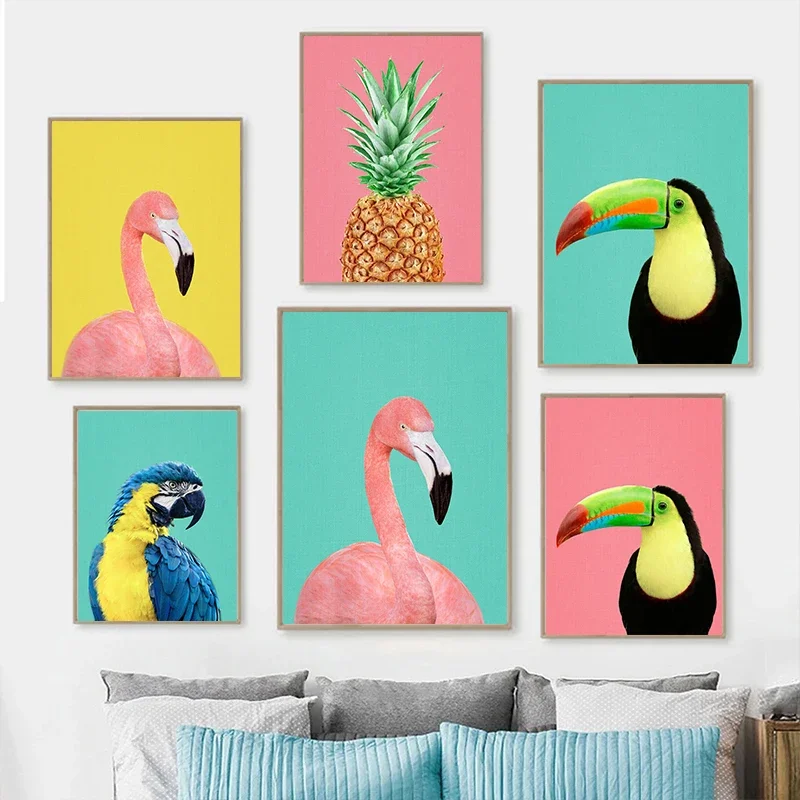Frameless Canvas Painting Tropical Plants Poster And Print Toucan Bird Flamingo Parrot Pineapple Canvas Painting Nordic Wall Art