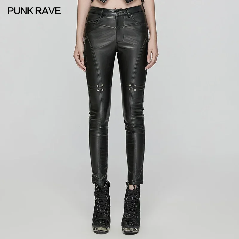 PUNK RAVE-Leggings tissés en sergé punk pour femmes, modules en cuir verni des deux côtés, beau et personnalisé, fjStreetwear