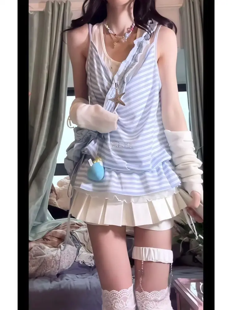 Y2k Vintage Spicy Girls Dangling Collar Striped Sleeveless T-Shirts Women Summer Loose Sling Vest 2-piece Set Tops Female New