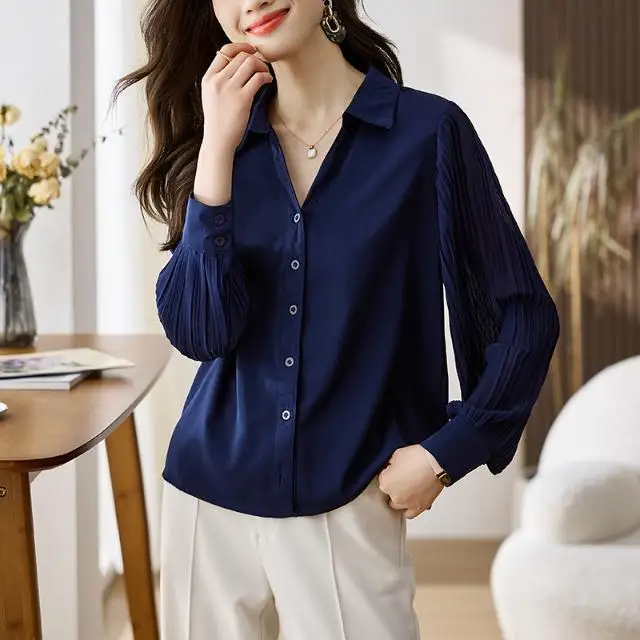 Navy Blue Professional Outfit Patchwork Polo Collar Chiffon Shirt for Women Fashionable and Beautiful Temperament Base Shirt