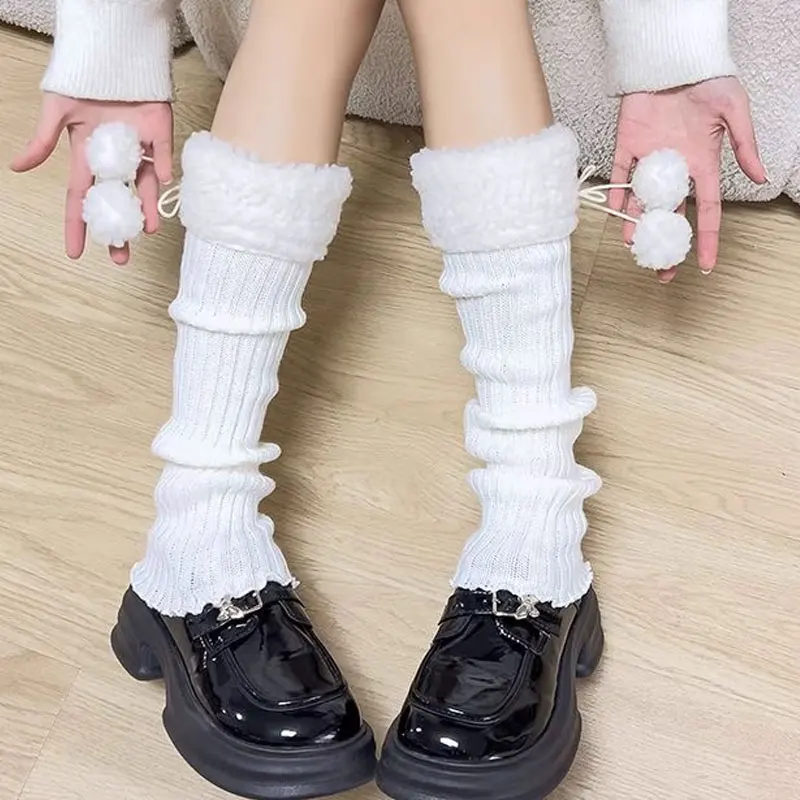 

Japanese Winter Lamb Woolen Ball Leg Warmers Knitted Arm Warmers Cute Lolita Pile Socks Women Leg Warmer Stretchy Boots Cover