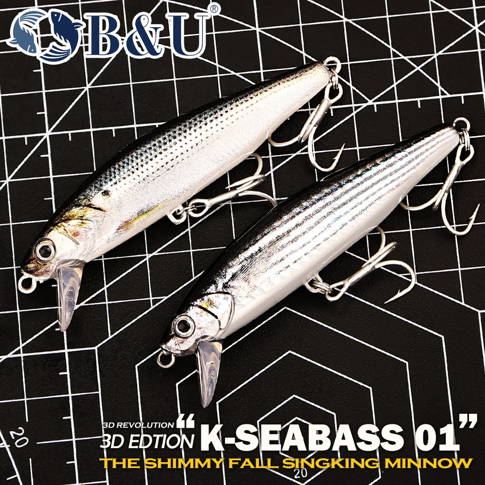 B&U 3D K-SEABASS 01 Sinking Minnow Fishing Lure, 3D Revolution Tech Shimmer Fall Artificial Bait for Saltwater Seabass, Pike
