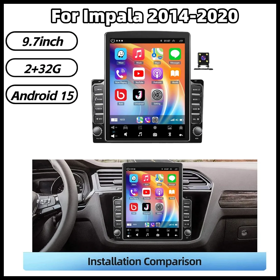 Universal 9.7in Double Din Car Stereo Radio For Impala 2014-2020 GPS Navigation Head Unit Support Wireless For Carplay Bluetooth