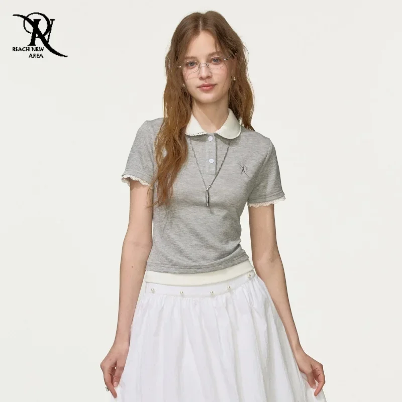 

2025 Y2K College Style Polo Shirts Women Lace Trim Short Sleeve T-Shirt Casual Preppy Summer Top Vintage Kawaii Tee