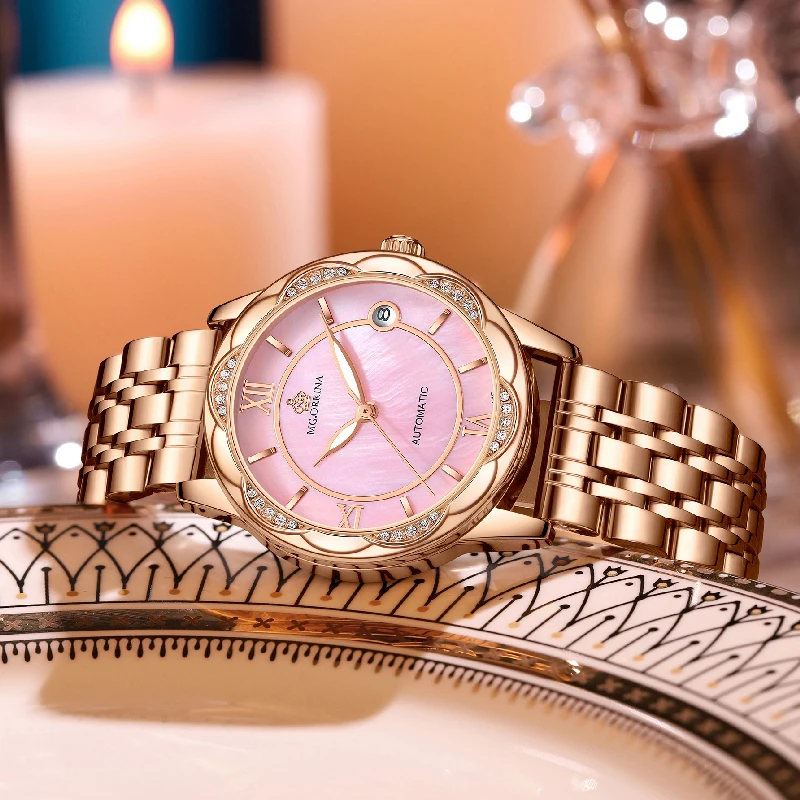 

Автоматические женские часы ORKINA, оригинальные механические часы с автоматической датой, перламутровый циферблат, ремешок из нержавеющей стали, женские наручные часы