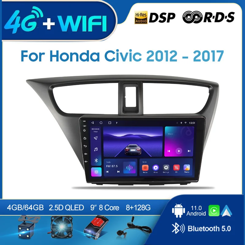 QSZN For Honda EuropeCivic 2012-2017 LHD 2din Android 12.0 Car Radio Multimedia Video Player GPS Navigation 4G Carplay Head unit