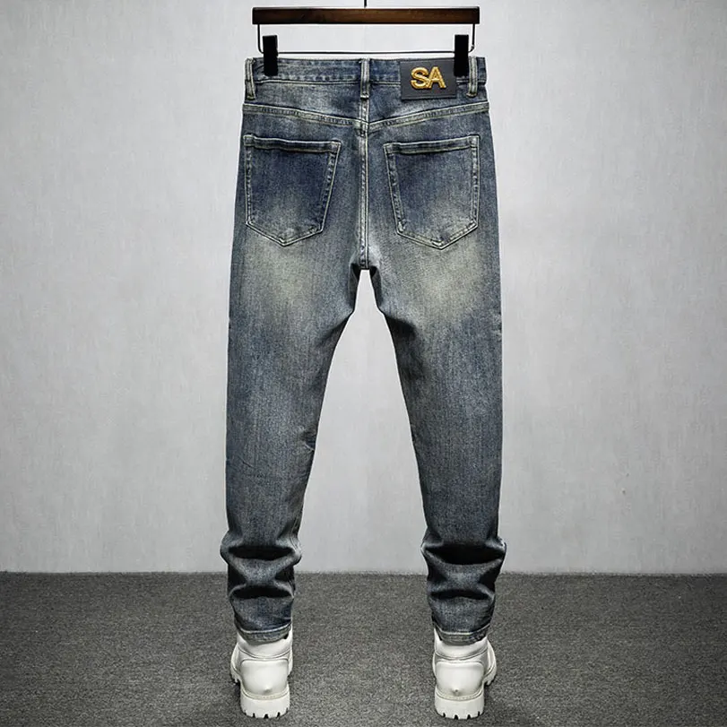 Streetwear Fashion Men Jeans Retro Washed Blue Stretch Slim Fit Embroidery Ripped Jeans Men Patched Designer Hip Hop Denim Pants