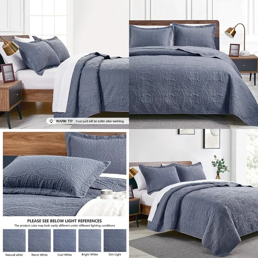 

ifornia Size Quilt Set Blue Bedspreads - Soft Summer weight Bedspread Comforter - Modern Style Coverlet for All Season - 3 Piec