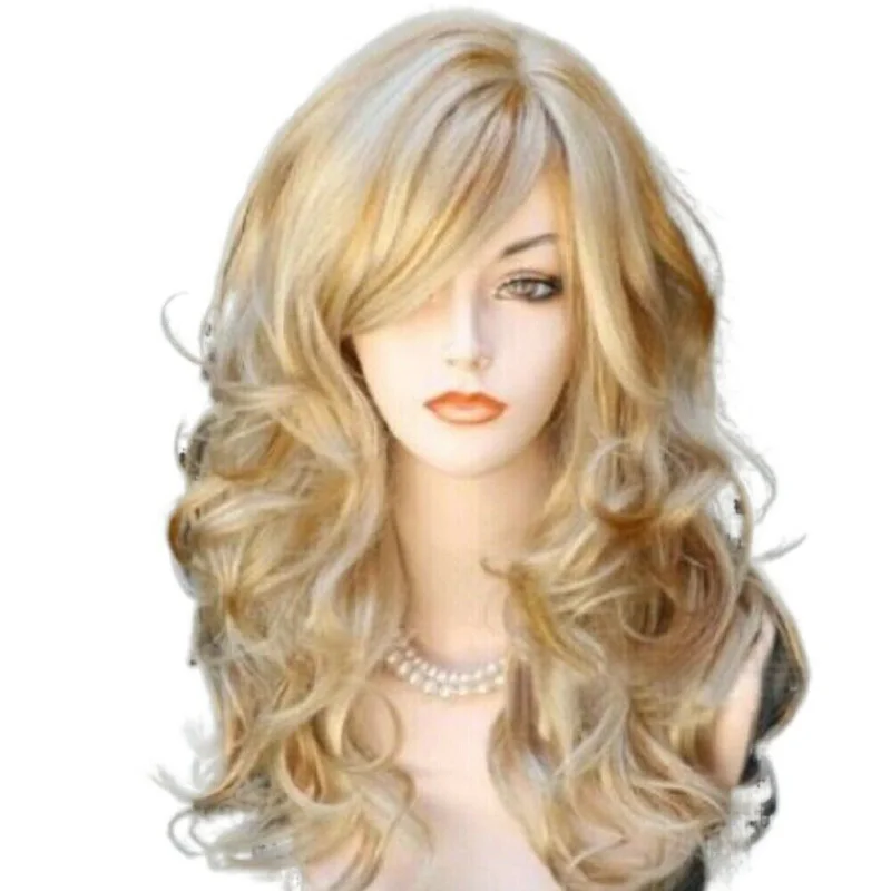 Long Wavy Cosplay Daily Wigs Ombre Brown Golden Blonde Wig with Bangs for Women