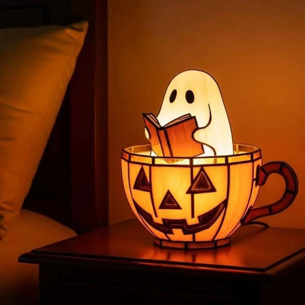 Resin Craft Pumpkin Cup Lamp Warm Glow Battery Operated Spooky Teacup Lantern Durable Material 3D Effect Ghost Reading Light