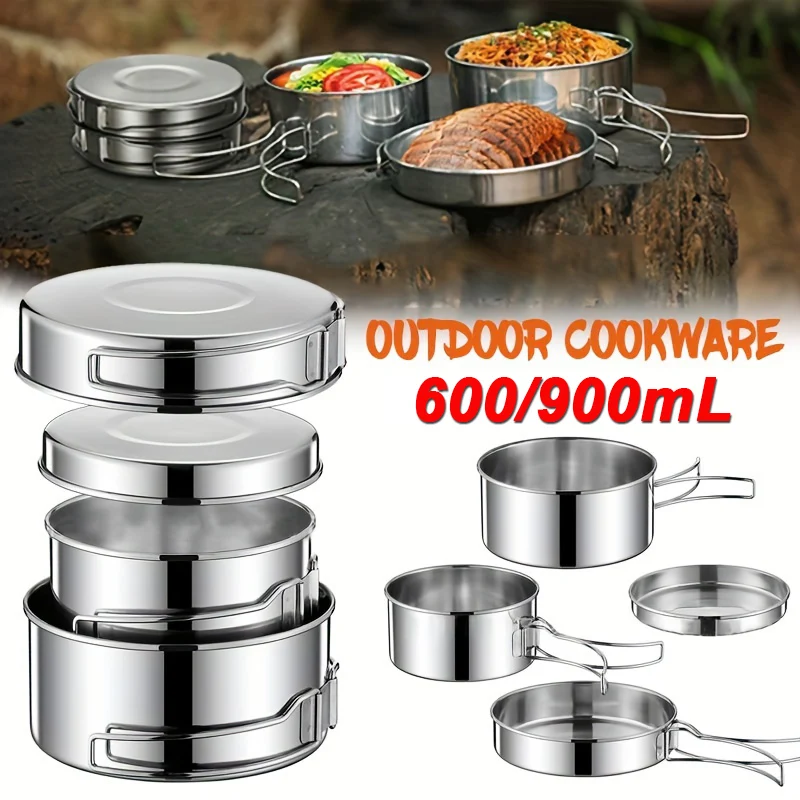 

Outdoor Camping Cookware Set 401 Stainless Steel Camping Pot 600mL and 900mL Bowl Pot Set Hiking Backpacking Cooking Picnic