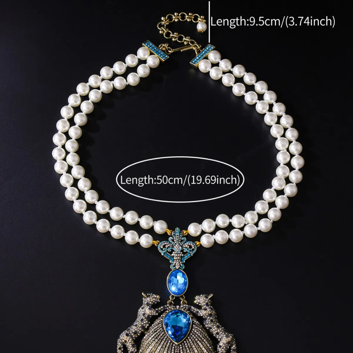 Light Luxury Heavy Craft Leopard Crown Necklace Inlaid Blue Crystal With Pearl Pendant Retro Elegant Women High-End Party Jewelr