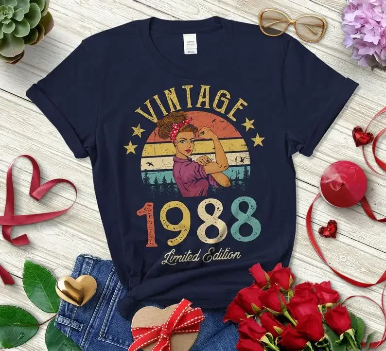 Camisa de algodão de manga curta vintage feminina, Edição limitada, Camiseta retrô, Festa de aniversário engraçada, Harajuku Roupa feminina, Top