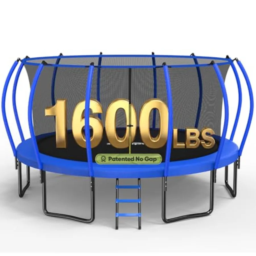 Outdoor backyard trampoline with steel frame black safety net no-gap design 1600LBS capacity non-slip ladder 10-year warranty