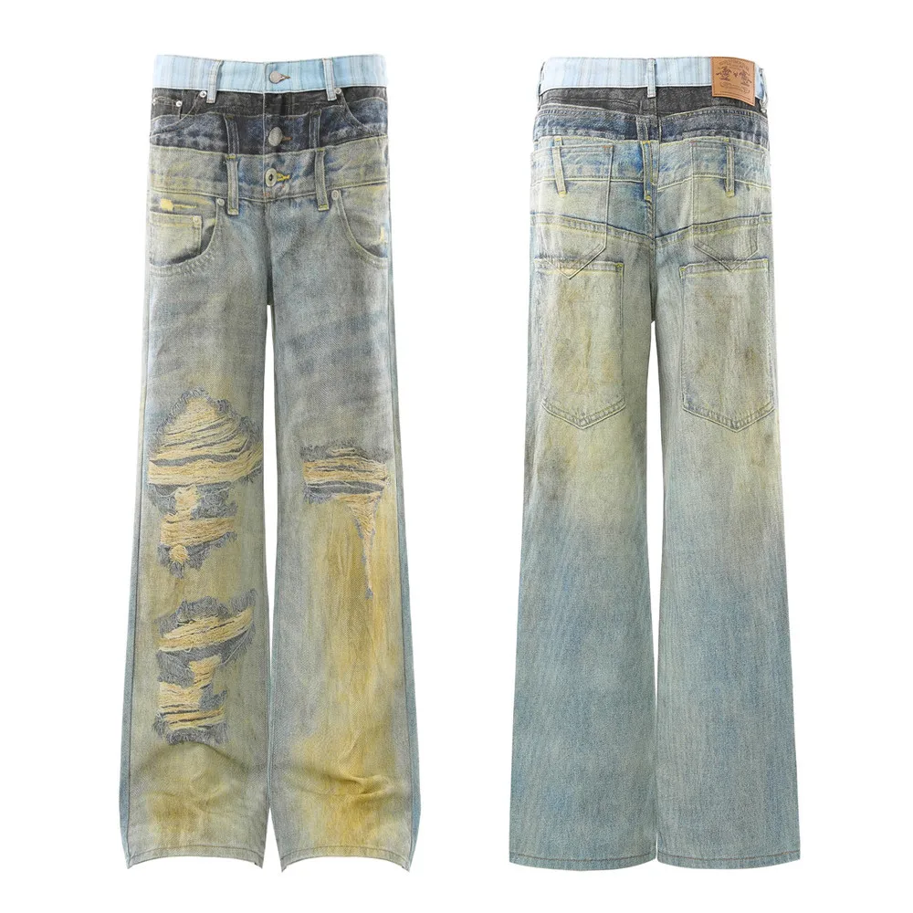 MWJLPWQ Fake Two-Piece Double-Waistband Printed Jeans For Men Unique Design Distressed Autumn Straight-Leg Trousers Trendy 17201
