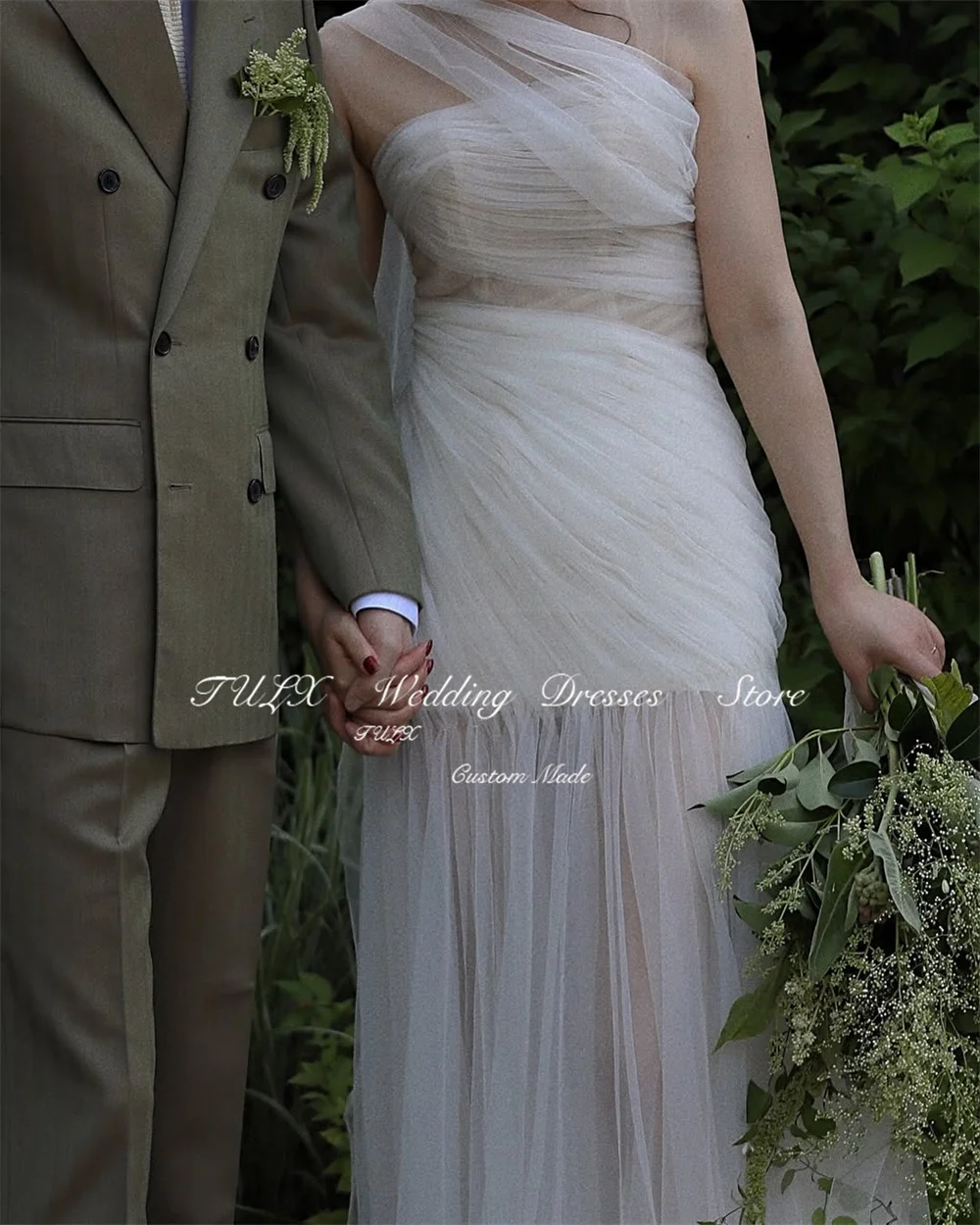 تولكس أنيقة الأورجانزا الزفاف صورة تبادل لاطلاق النار فستان قبالة الكتف كوريا زي العرائس حورية البحر طويل الاجتياح قطار مشد واستدريس مخصص