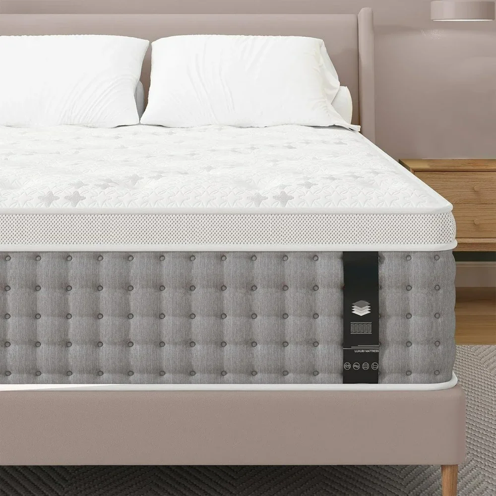 Matelas King Hybride à 6 Couches, 14 Pouces, pour Soutien Extra Lombaire et Hanches, Sans Odeur, dans une Boîte