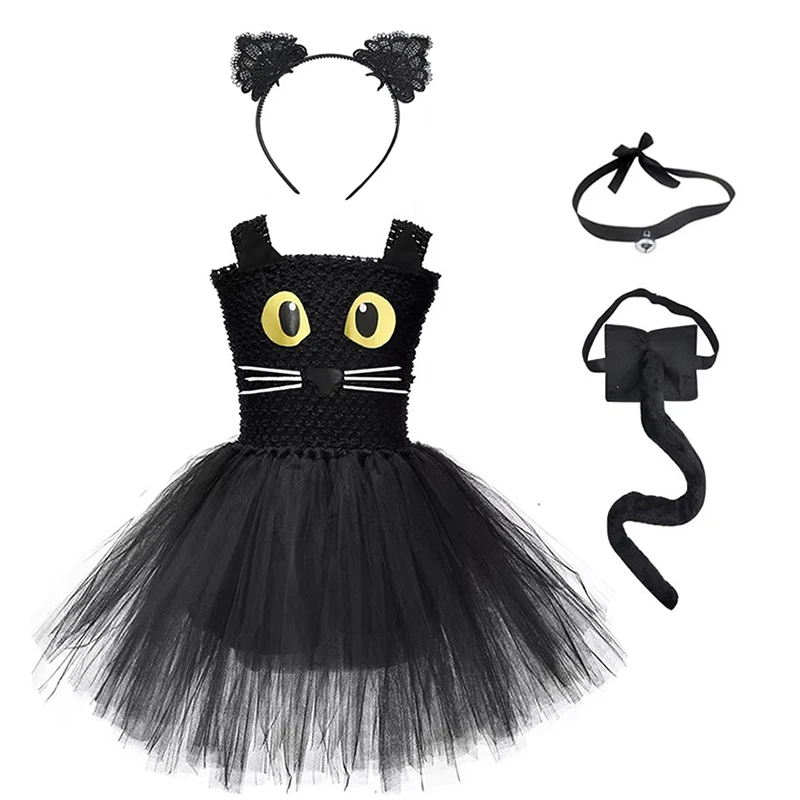 Girls Black Cat Tutu Dress Children Birthday Party Tulle Dresses Halloween Kitty Cosplay Costume for Kids Carniva Fancy Outfit view 2