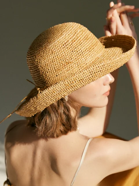 USPOP Extra Fine Raffia Straw Hat Letni kapelusz przeciwsłoneczny dla kobiet z dużym rondem Ręcznie robiony zwijany kapelusz słomkowy
