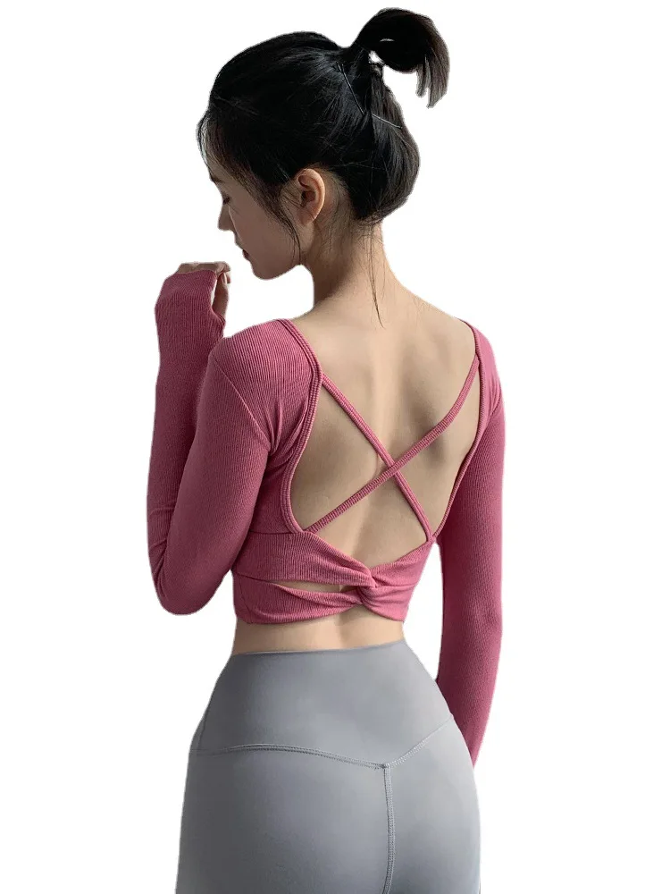 

Autumn Winter Tight Long Sleeve Tops With Breast Pad Beauty Back Quick Dry Breathable Fitness Gym Running Women Sport Yoga