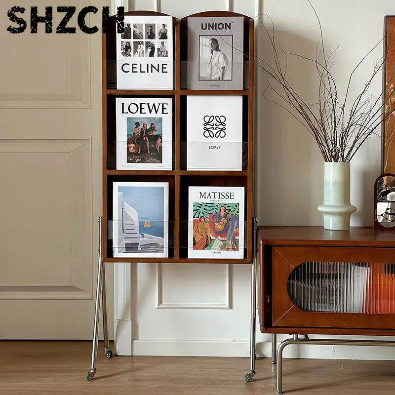 Nordic Floor Magazine Rack, Multi-Tier Solid Wood Bookshelf for Living Room, Newspaper Holder for Home Office, Creative Decor