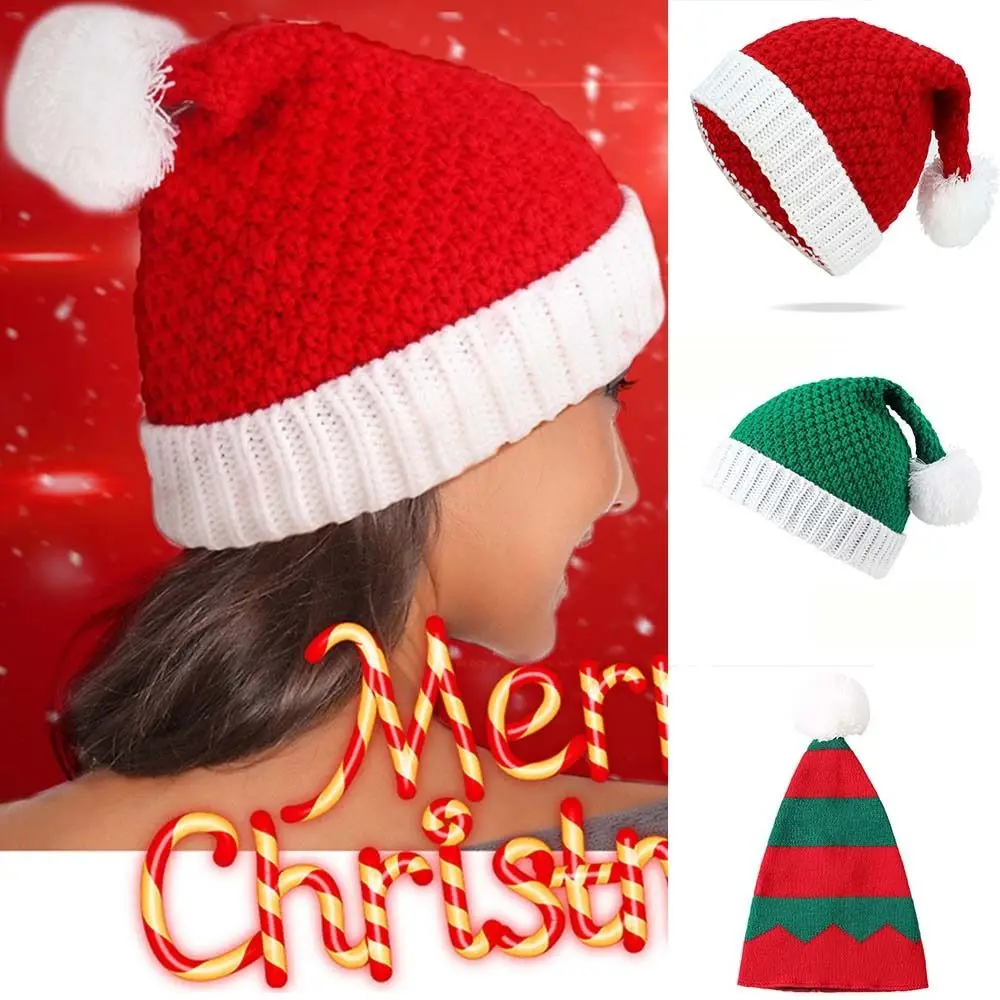 

Comfortable Strip Knitted Christmas Hat Cloth Accessories Knitting Plush Ball Soft Beanie Cartoon Muffler Santa Hat Men