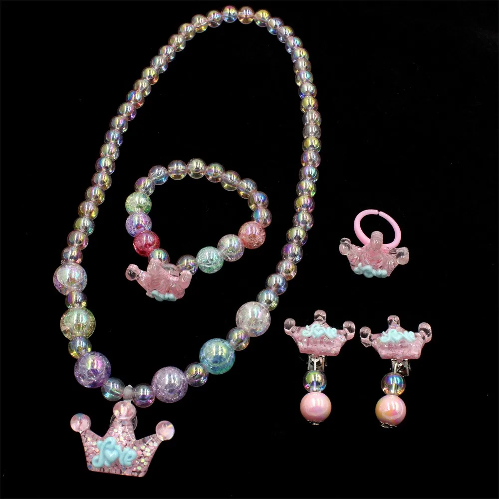 5 Stück/Set Lolvey handgefertigte Perlenkette, Armband, Ring, Ohrringe, Kronen-Schmuckset – perfektes Geschenk für kleine Prinzessinnen