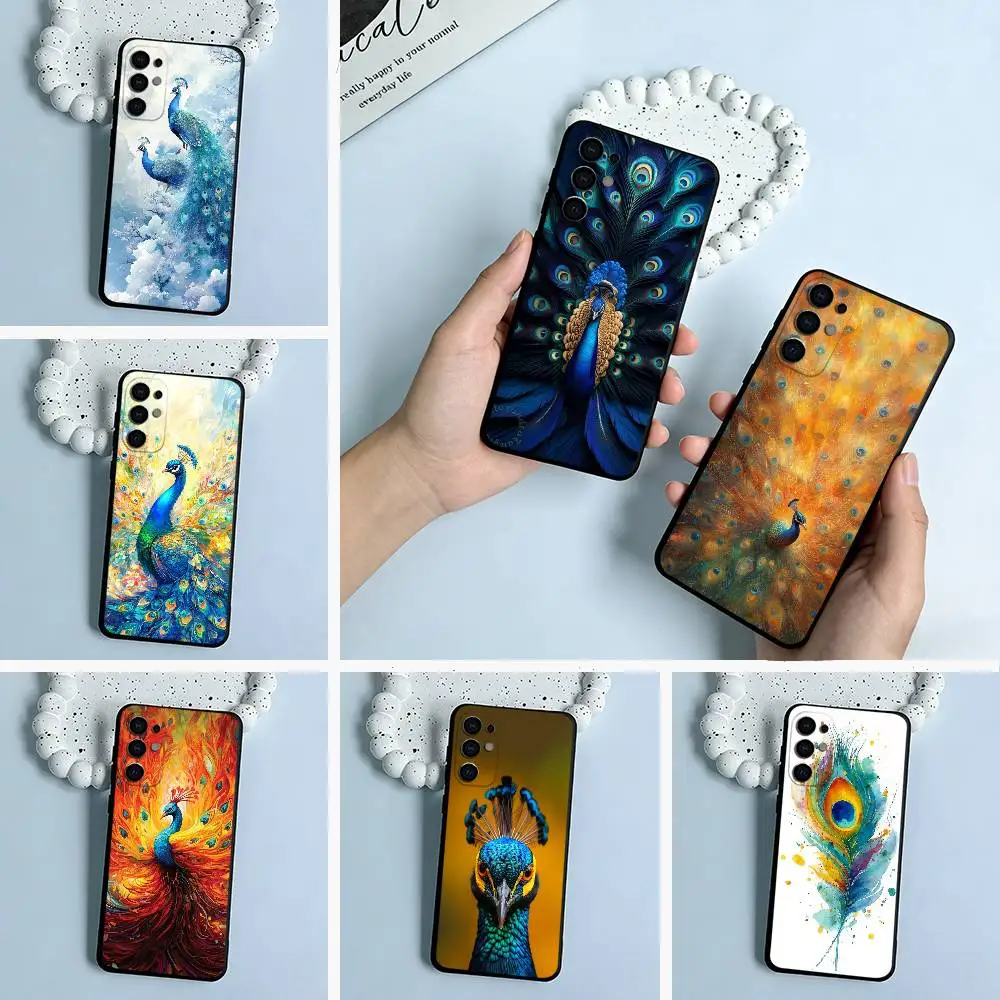 Colorful peacock Black Soft Silicone Phone Case for Samsung S25, S24, S21, S22, S23, S30, Ultra, S20, Plus, FE, Lite