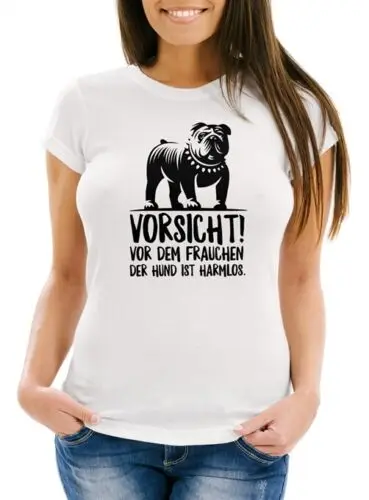 Damen T-Shirt Vorsicht vor dem Frauchen der Hund ist harmlos Slim Fit Moonworks®