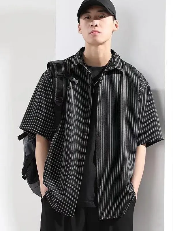 

Men's Casual Loose ort Sve irt Summer New Sle Retro f Sve Casual irt Trendy Brand Outerwear Stripe Pattern
